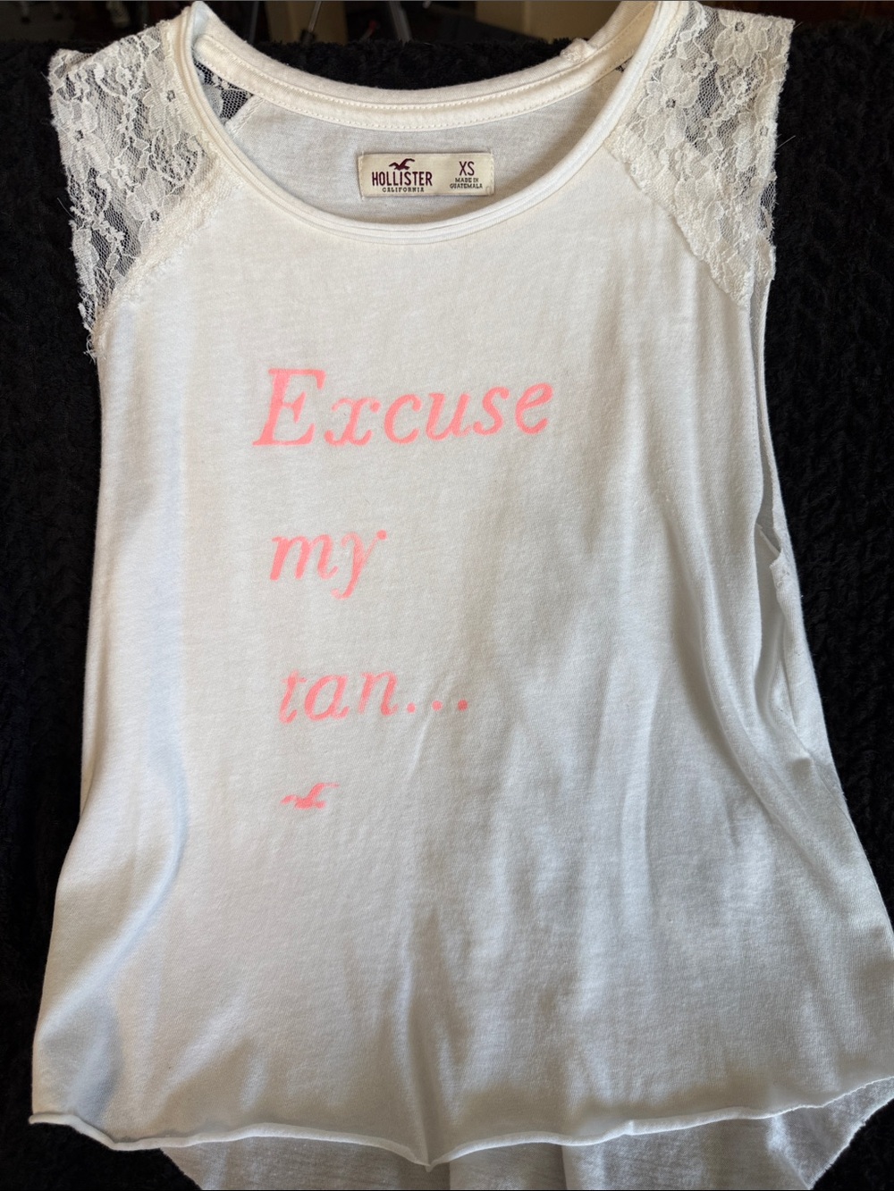 Hollister White Lace Shoulder Tank with Pink Script